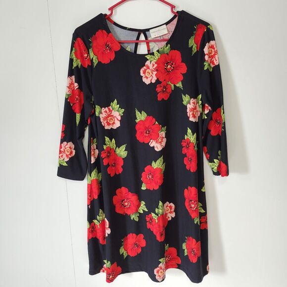 Dresses & Skirts - Bobbie Brooks Floral Tunic Dress Medium Black Red Pink 3/4 Sleeve Soft...